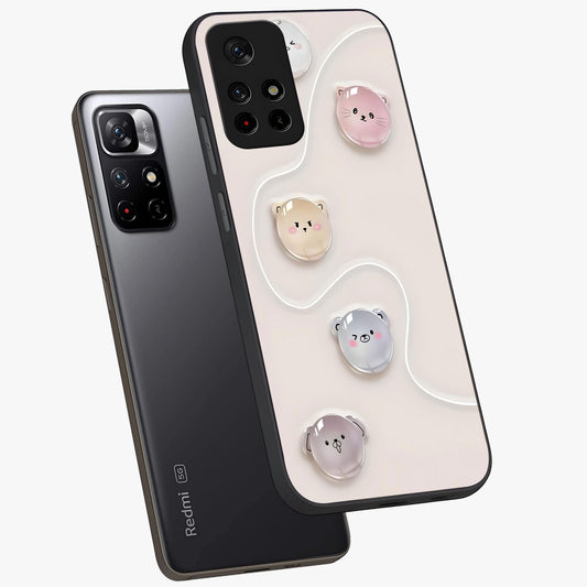 Puffy Face Parade Glass Case showing flat back view with cute puffy character faces artwork and glossy glass finish.