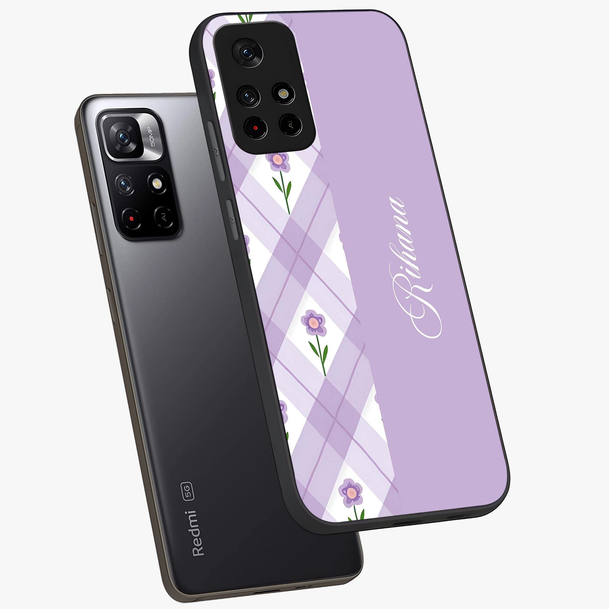 Purple Diamond Floral Glass Case showing flat back view with diamond shaped floral artwork and glossy glass finish.