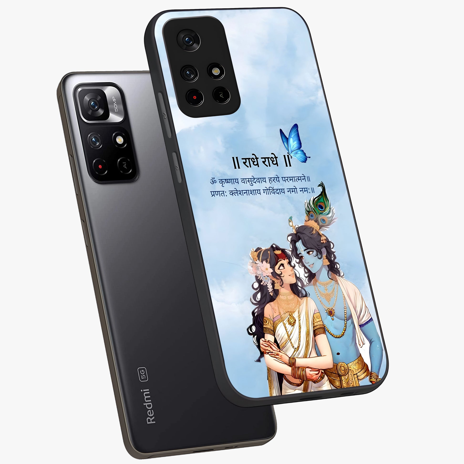 Radha Krishna Eternal Glass Case showing flat back view with Radha Krishna devotional artwork and glossy glass finish.
