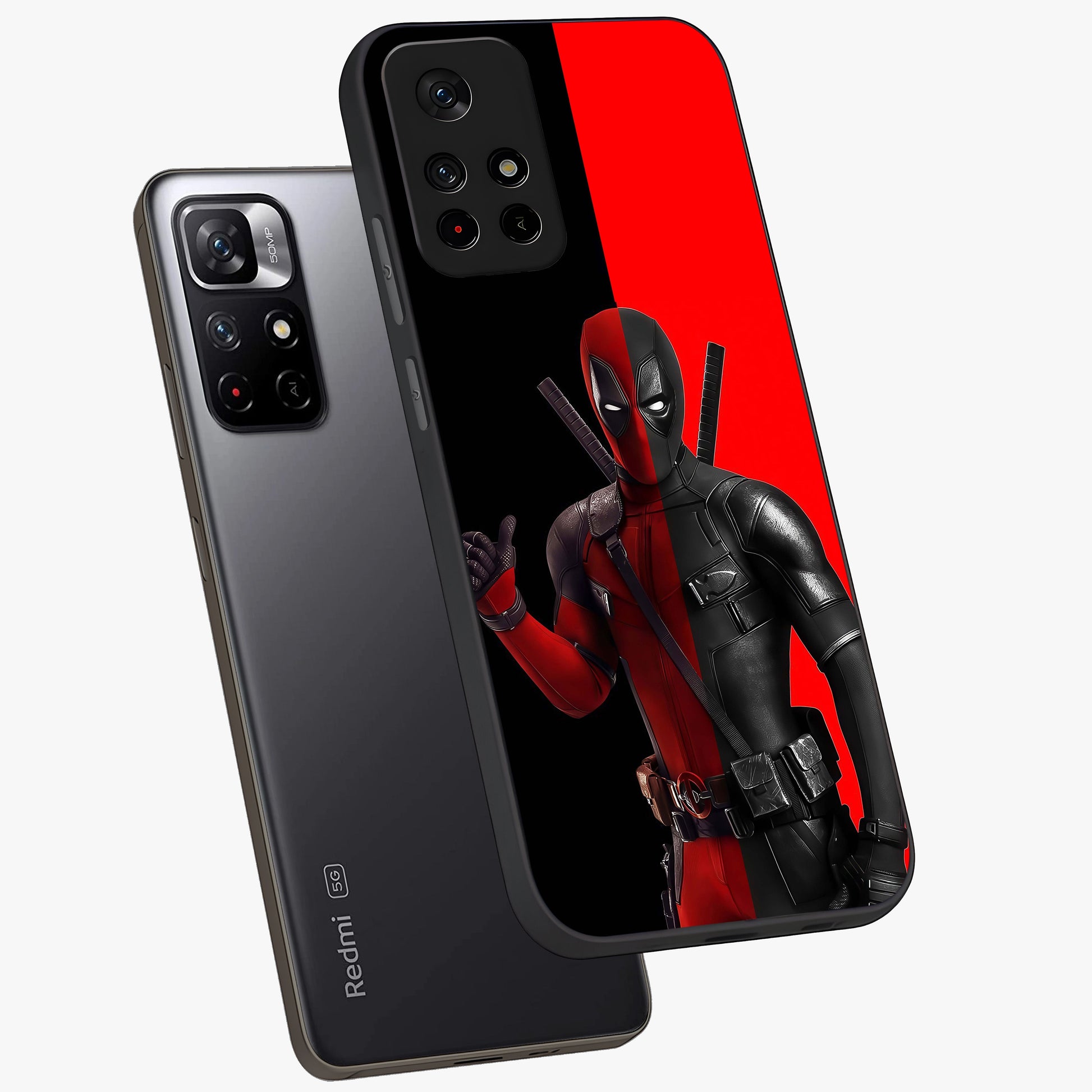 Red & Black Deadpool Theme Glass Case showing flat back view with bold comic inspired artwork and glossy glass finish.