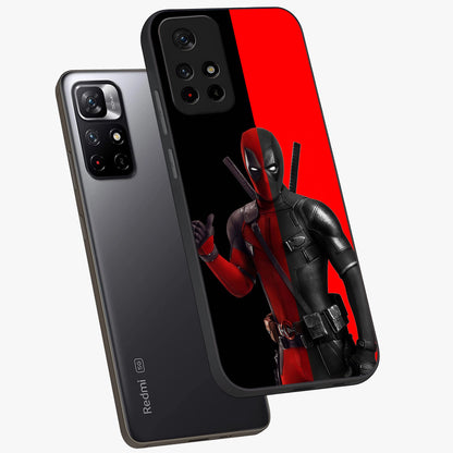 Red & Black Deadpool Theme Glass Case displayed in angled mockup highlighting vibrant superhero style illustration with action aesthetic.