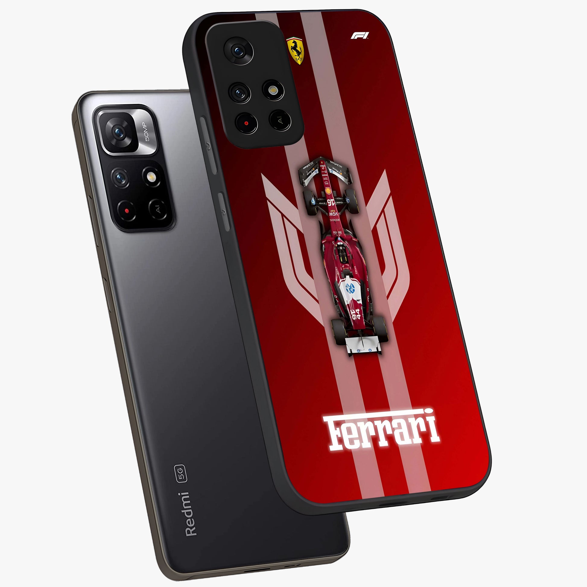 Red Ferrari F1 Vertical Glass Case displayed in angled mockup highlighting high speed racing design with bold automotive aesthetic.