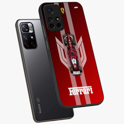 Red Ferrari F1 Vertical Glass Case displayed in angled mockup highlighting high speed racing design with bold automotive aesthetic.