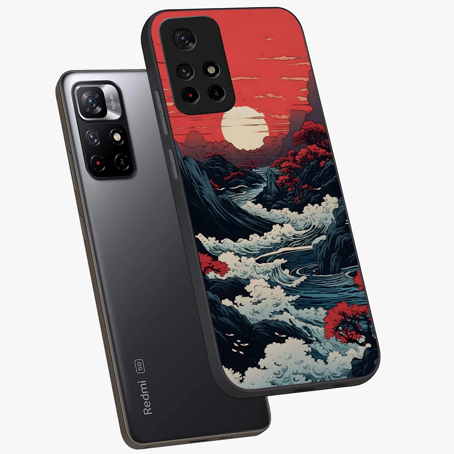 Red Sunset Scenery Glass Case showing flat back view with vibrant sunset landscape artwork and glossy glass finish.