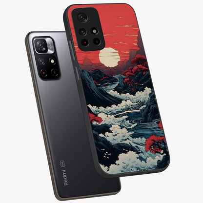 Red Sunset Scenery Glass Case showing flat back view with vibrant sunset landscape artwork and glossy glass finish.