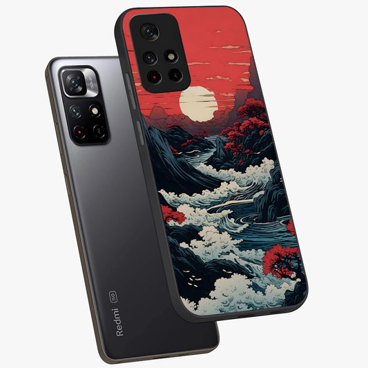 Red Sunset Scenery Glass Case showing flat back view with vibrant sunset landscape artwork and glossy glass finish.