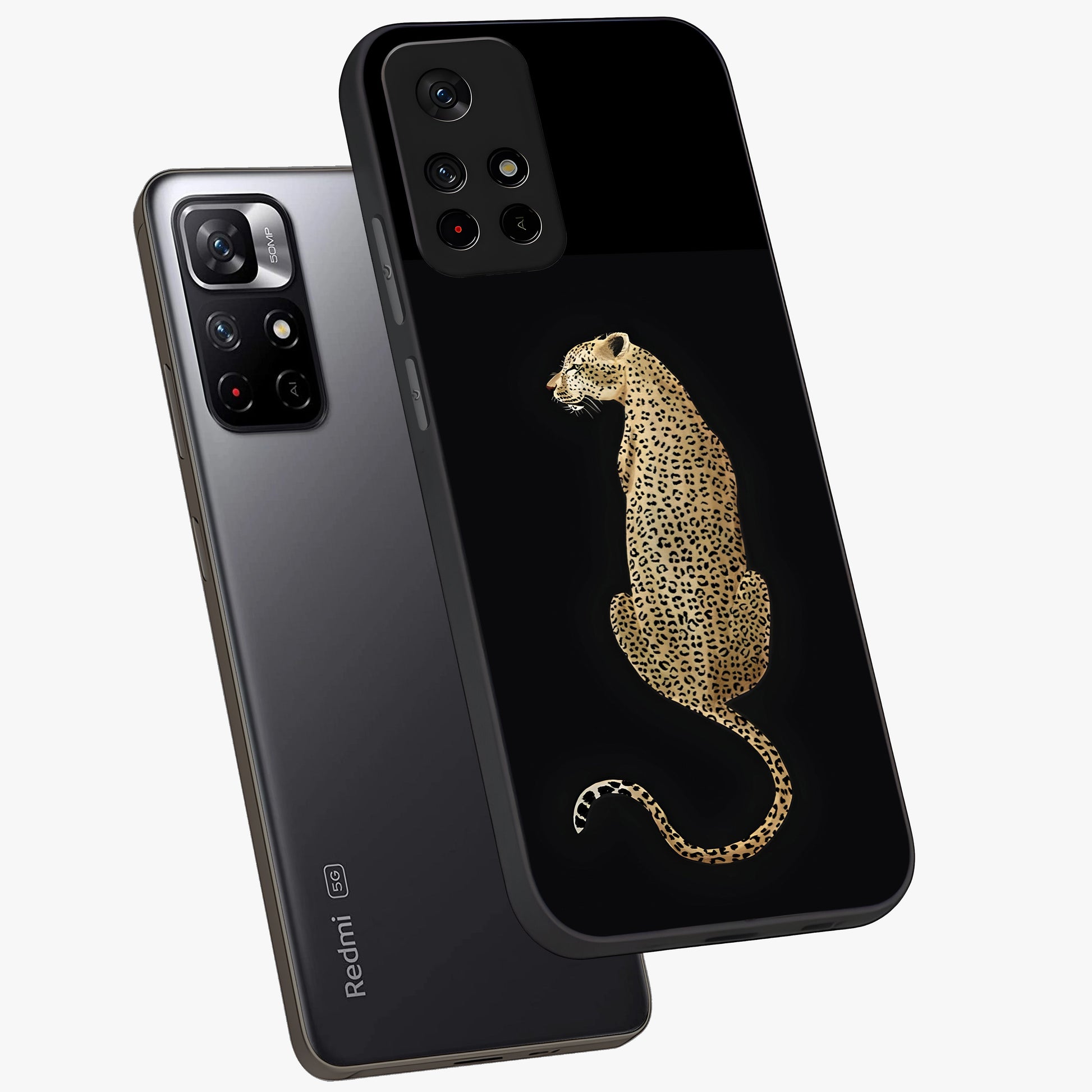 Regal Leopard Glass Case showing flat back view with bold leopard artwork and glossy glass finish.
