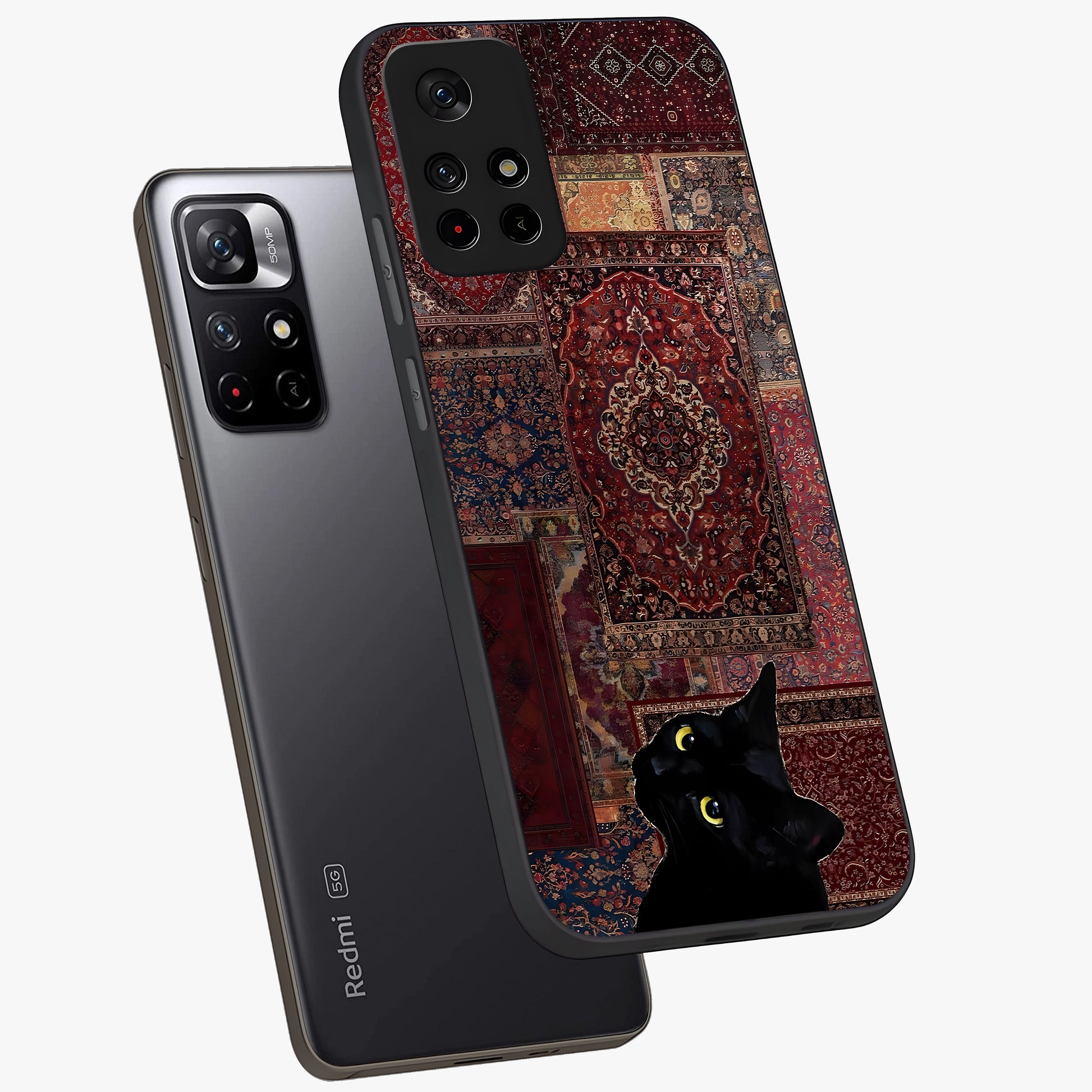 Regal Magic Cat Apple Glass Case showing flat back view with magical cat artwork holding apple and glossy glass finish.