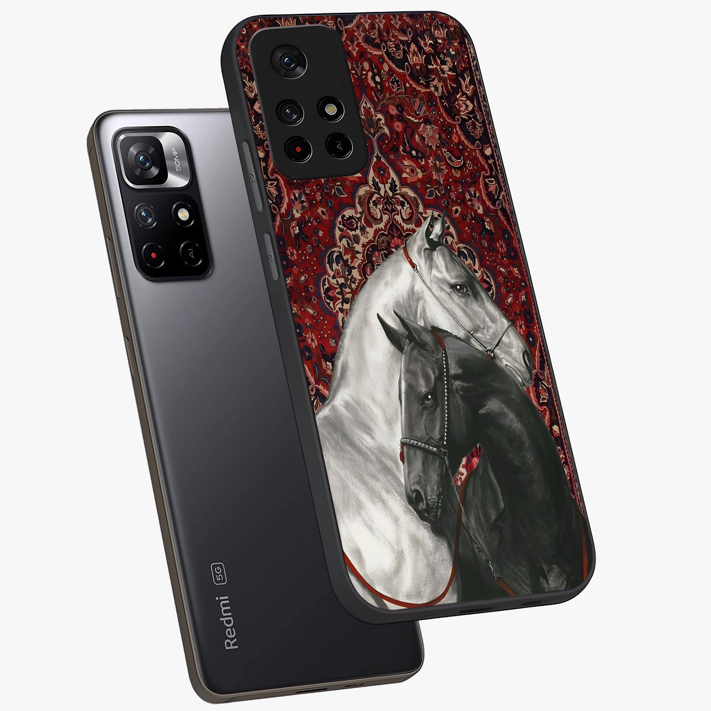 Regal Stallion Tapestry Glass Case displayed in angled mockup highlighting royal stallion design with decorative heritage aesthetic.