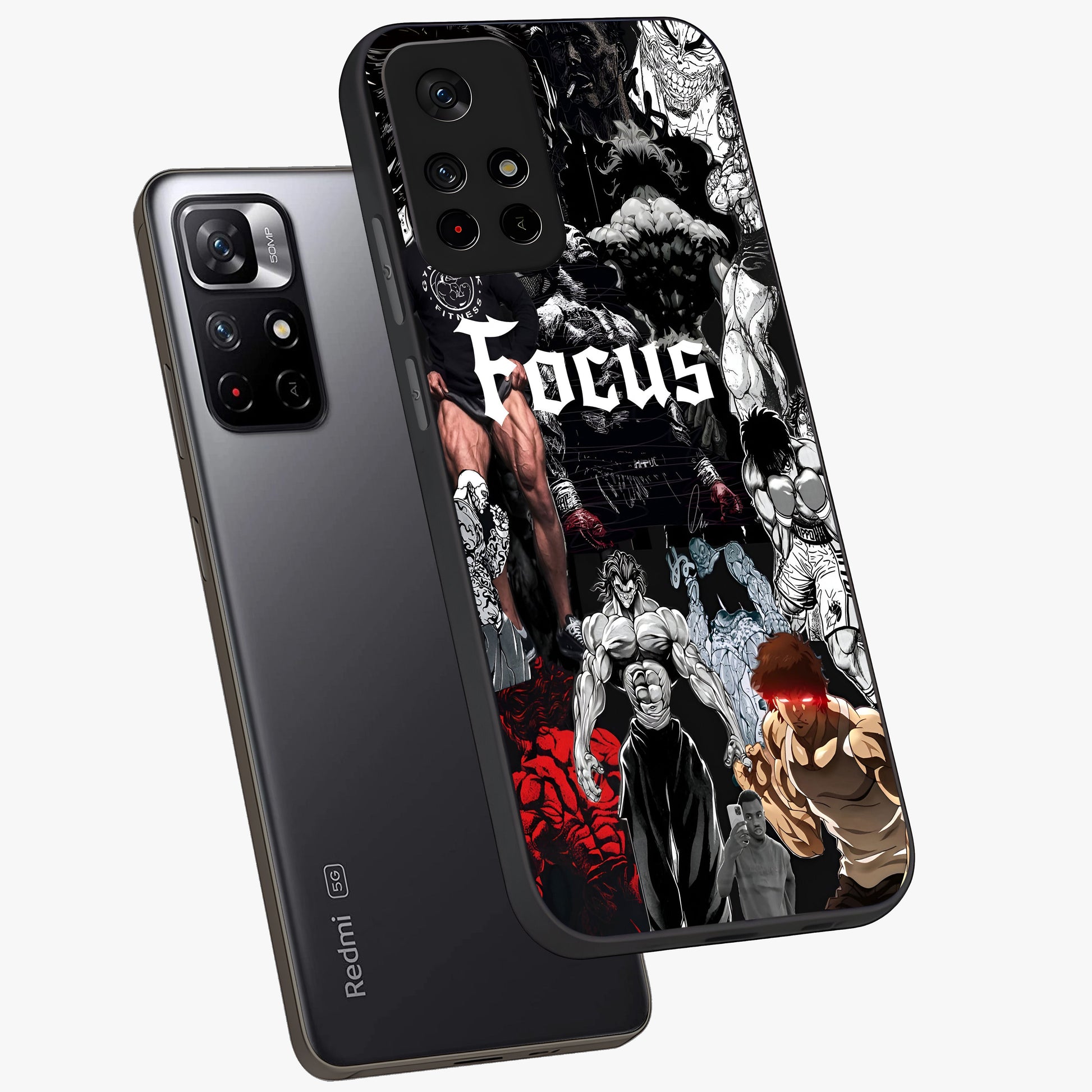 Relentless Power Focus Glass Case showing flat back view with motivational typography artwork and glossy glass finish.