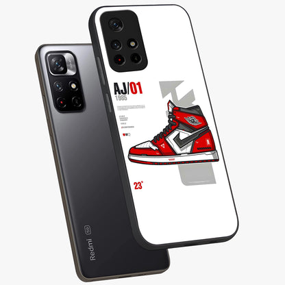 Retro Sneaker Blueprint Glass Case showing flat back view with sneaker blueprint style artwork and glossy glass finish.