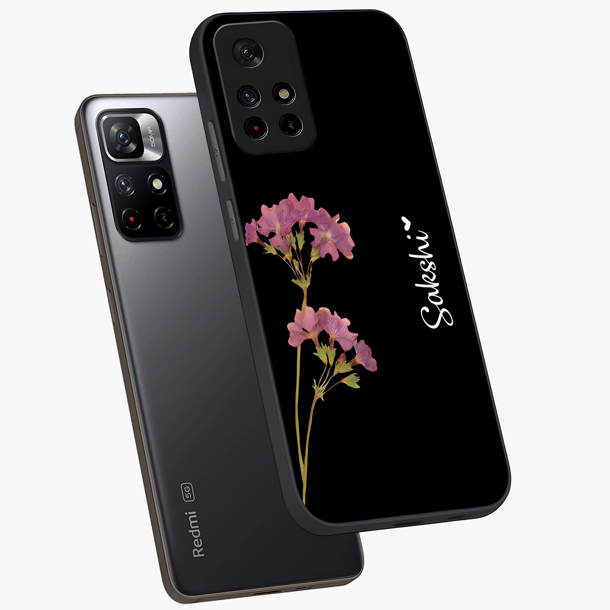 Riching Lavender Flower Custom Name Glass Case showing flat back view with lavender floral artwork and personalized name design.