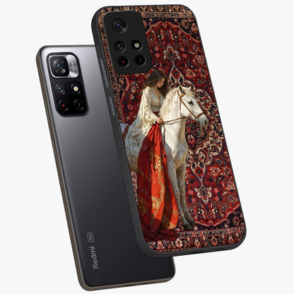 Royal Rider Tapestry Glass Case displayed in angled mockup highlighting traditional tapestry design with royal heritage aesthetic.