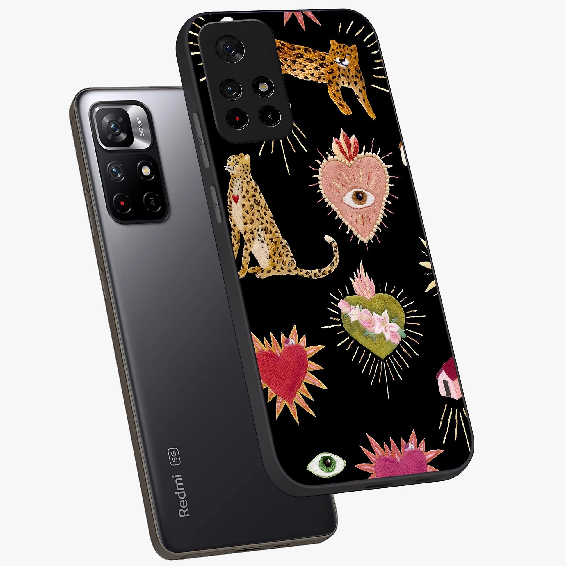 Sacred Jungle Heart Glass Case showing flat back view with jungle inspired heart artwork and glossy glass finish.
