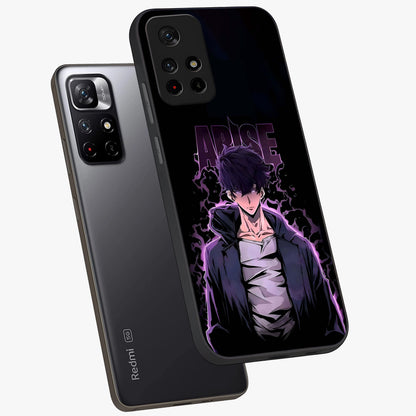 Shadow Monarch Awakening Glass Case showing flat back view with powerful dark monarch themed artwork and glossy glass finish.