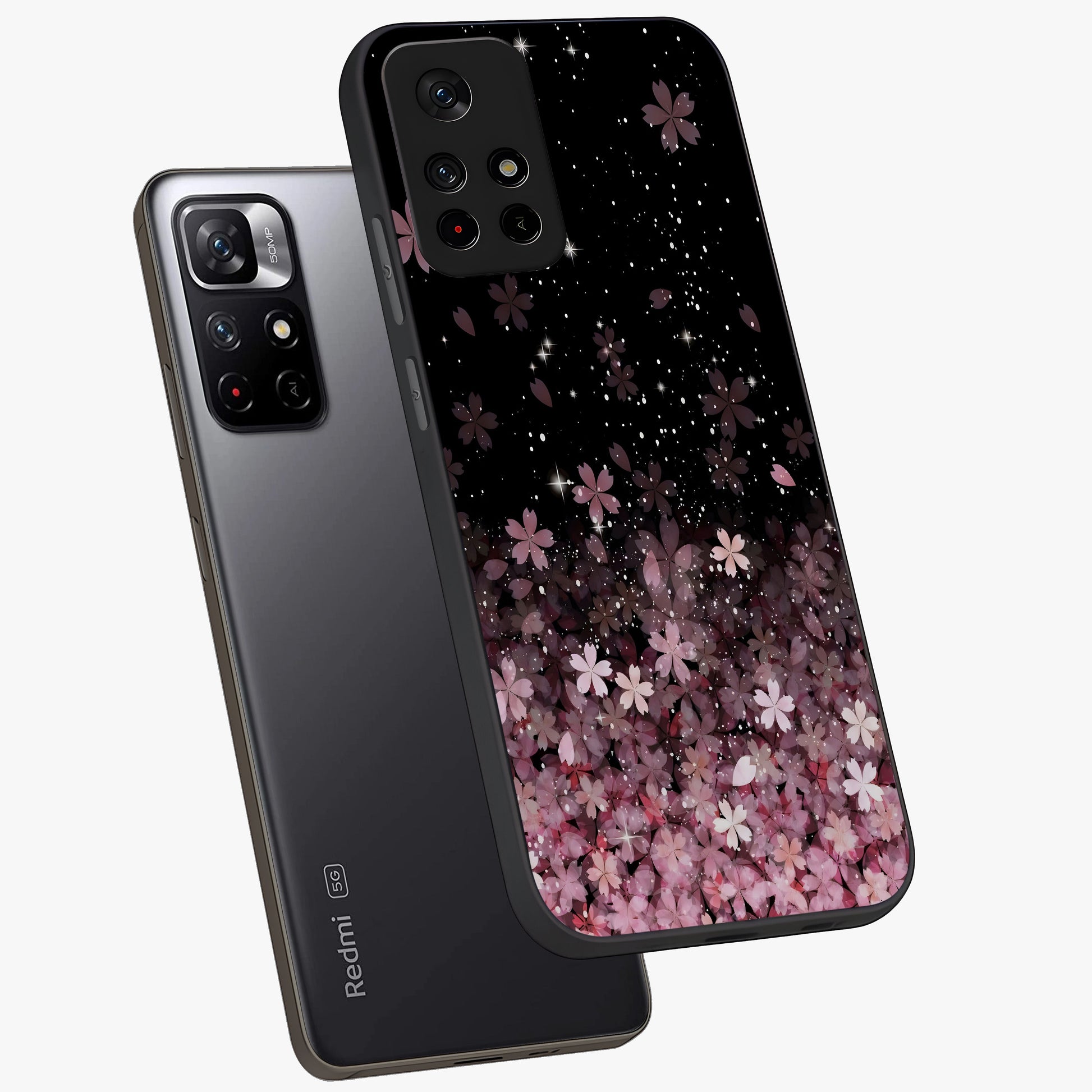 Small Starry Flowers Glass Case showing flat back view with delicate starry floral artwork and glossy glass finish.