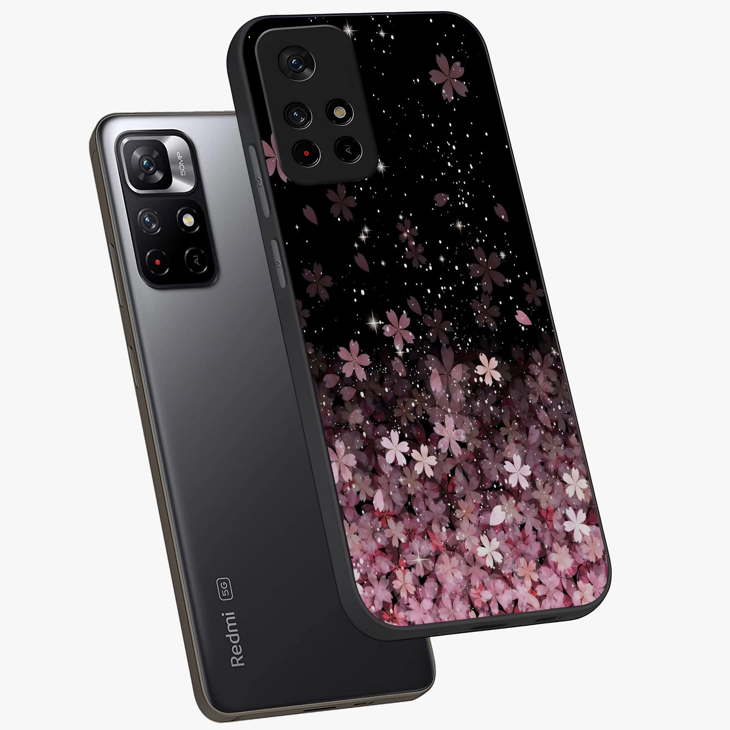 Small Starry Flowers Glass Case displayed in angled mockup highlighting tiny flower pattern with celestial aesthetic style.