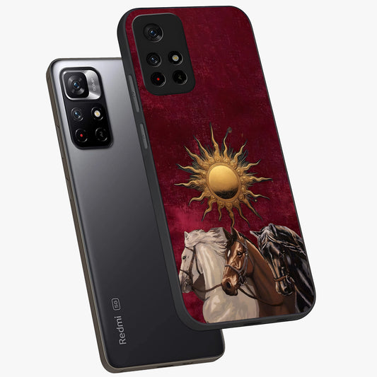 Solar Riders Glass Case showing flat back view with dynamic rider themed artwork and glossy glass finish.
