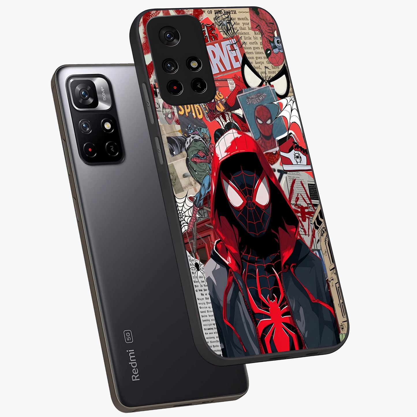 Spider Collage Street Glass Case showing flat back view with vibrant superhero collage artwork and glossy glass finish.