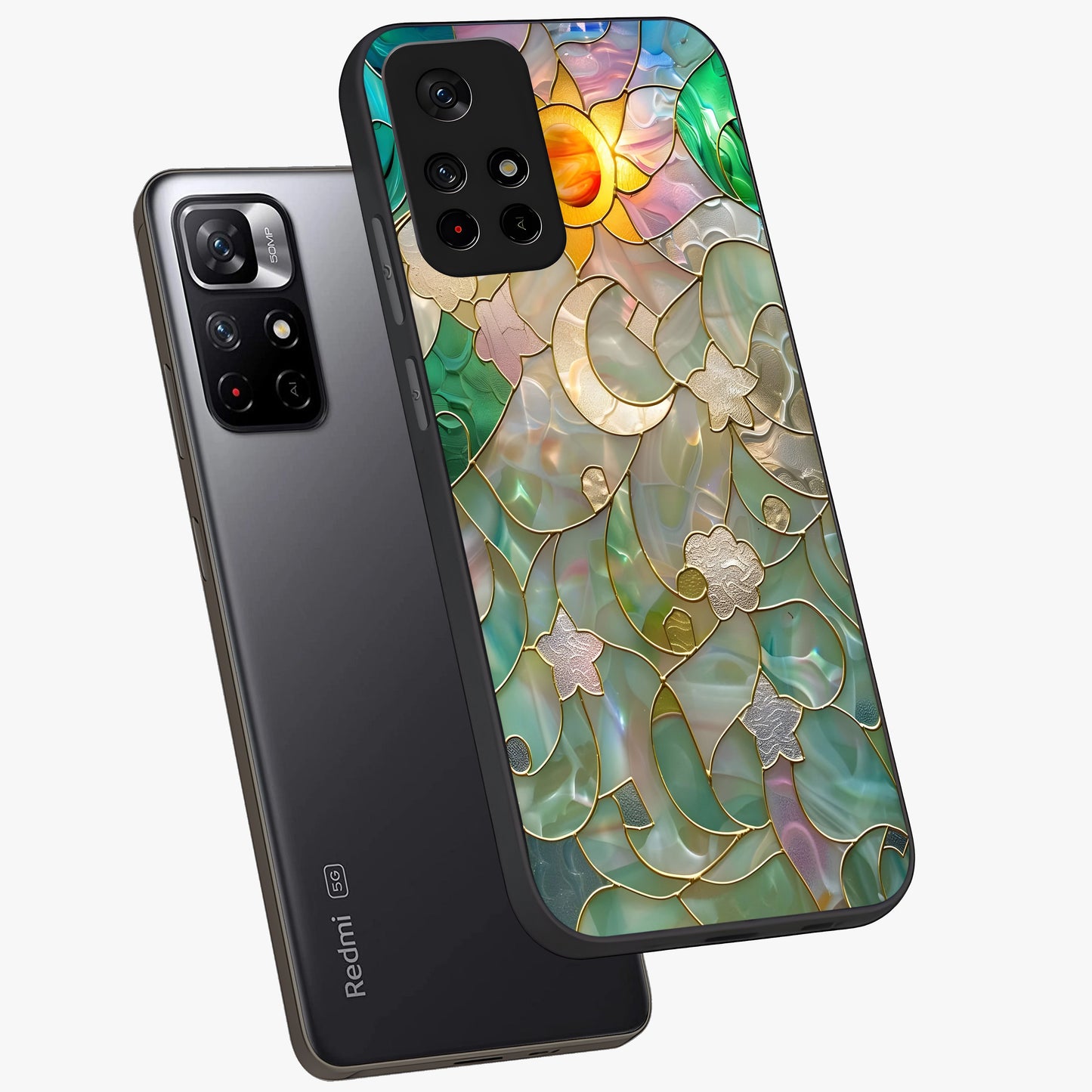 Stained Sunrise Glow Glass Case displayed in angled mockup highlighting radiant sunrise design with artistic aesthetic style.