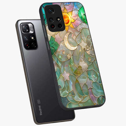 Stained Sunrise Glow Glass Case displayed in angled mockup highlighting radiant sunrise design with artistic aesthetic style.