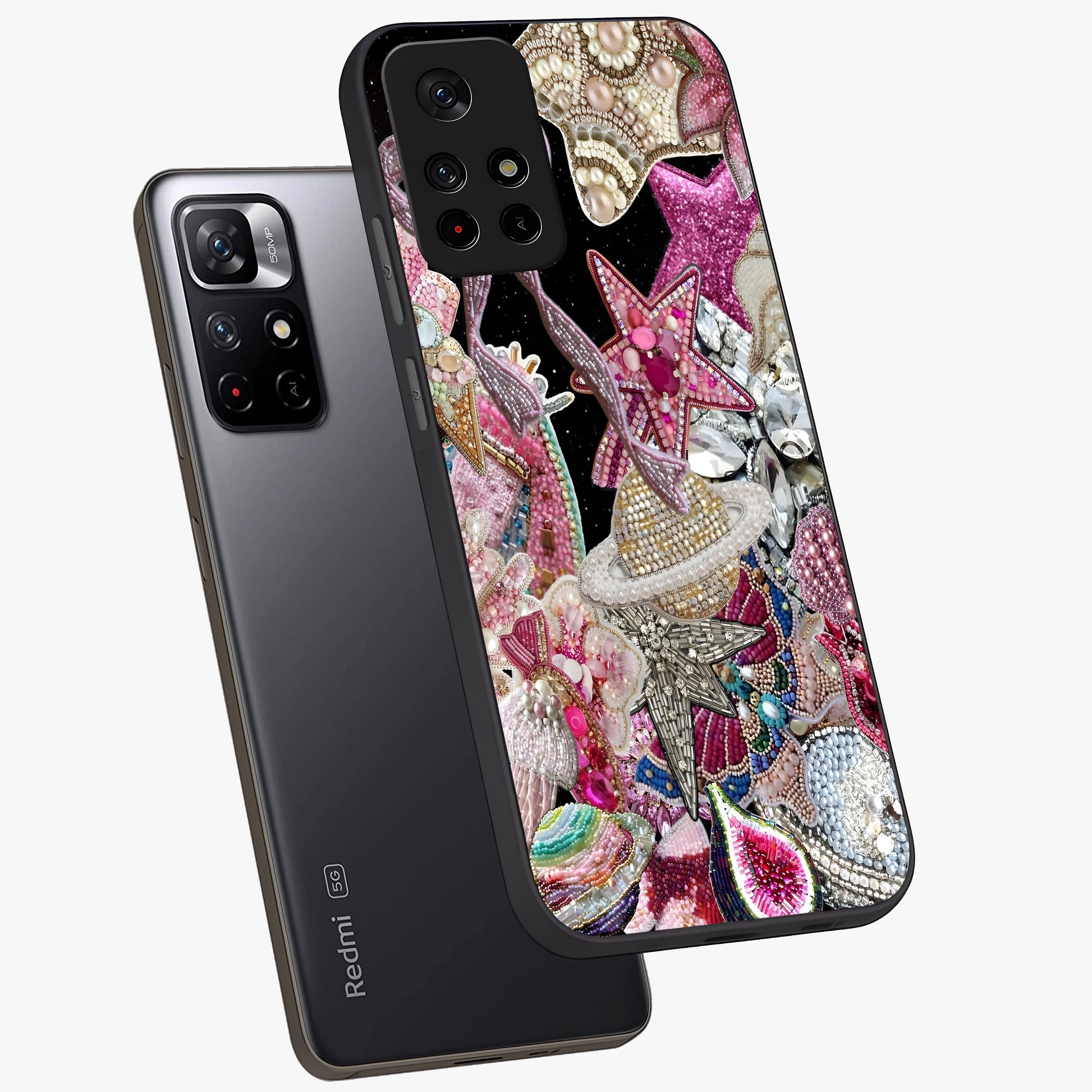 Starlit Jewel Dream Glass Case showing flat back view with sparkling jewel and star themed artwork and glossy glass finish.