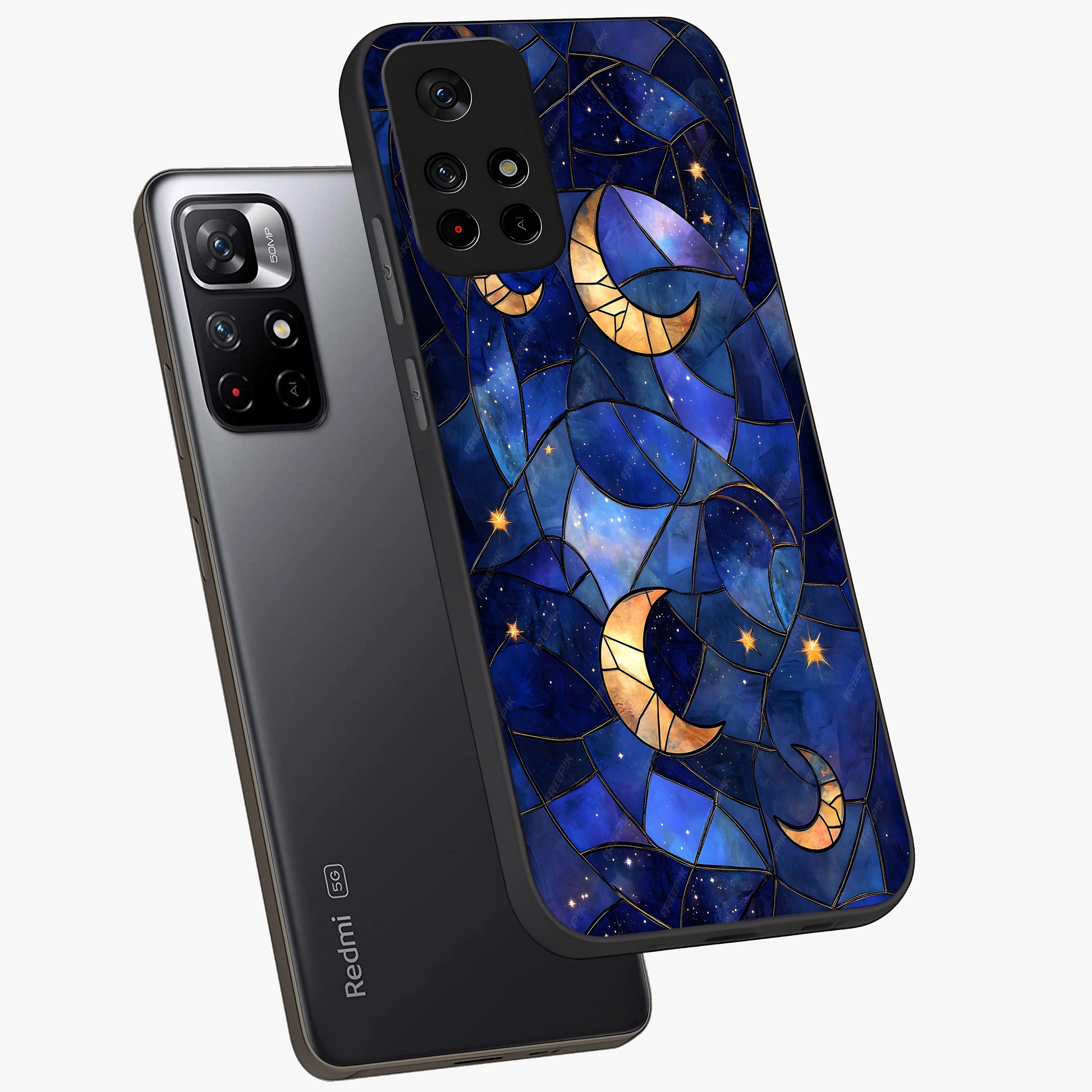 Starlit Sky Tapestry Glass Case showing flat back view with decorative starry sky tapestry artwork and glossy glass finish.