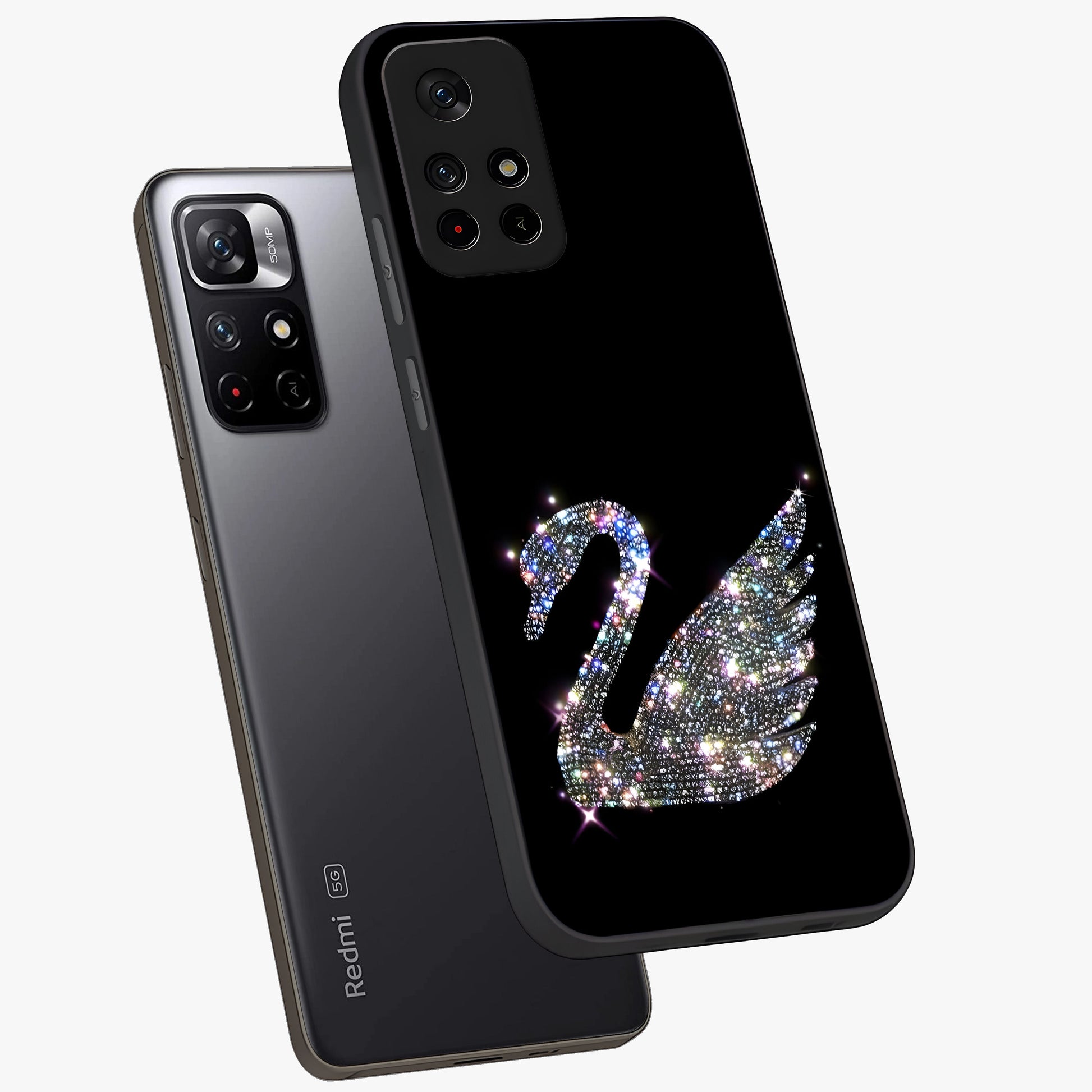 Starlit Swan Grace Glass Case displayed in angled mockup highlighting elegant swan illustration with dreamy celestial aesthetic.