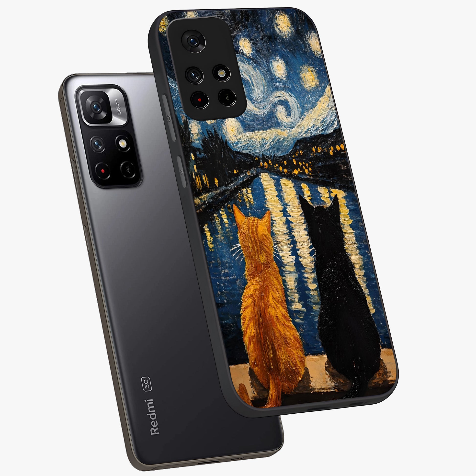 Starry River Cats Glass Case showing flat back view with cats by a starry river artwork and glossy glass finish.