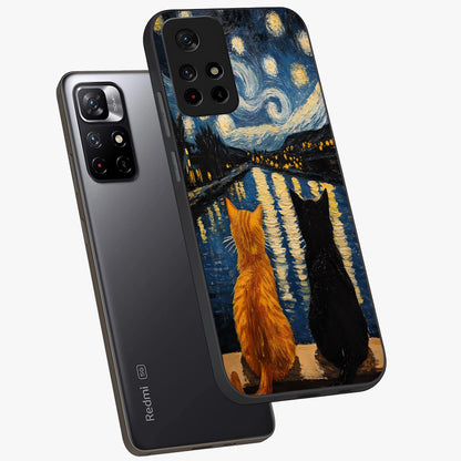 Starry River Cats Glass Case displayed in angled mockup highlighting charming feline illustration with dreamy night aesthetic.