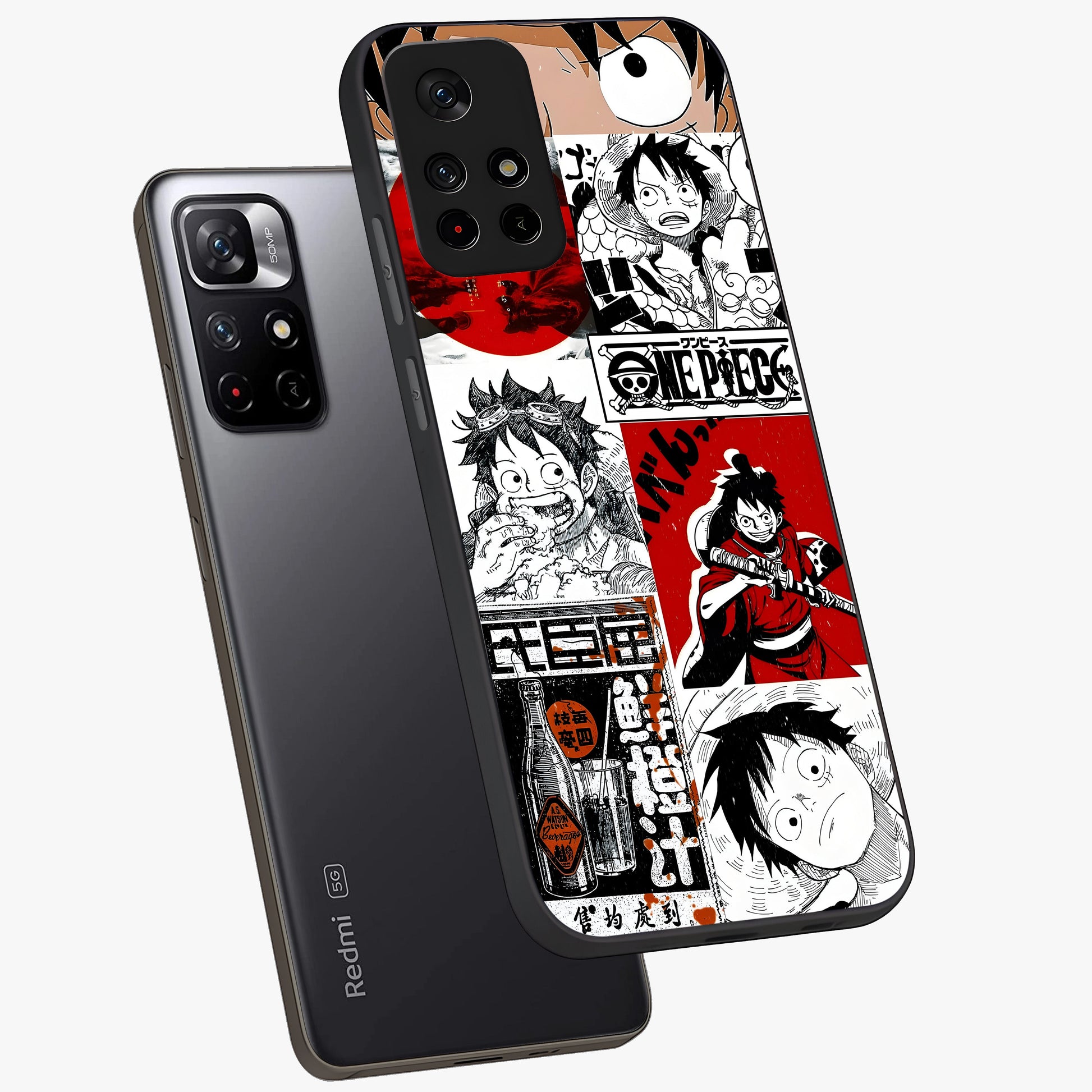 Strawhat Chaos Panels Glass Case displayed in angled mockup highlighting vibrant anime collage design with action aesthetic.