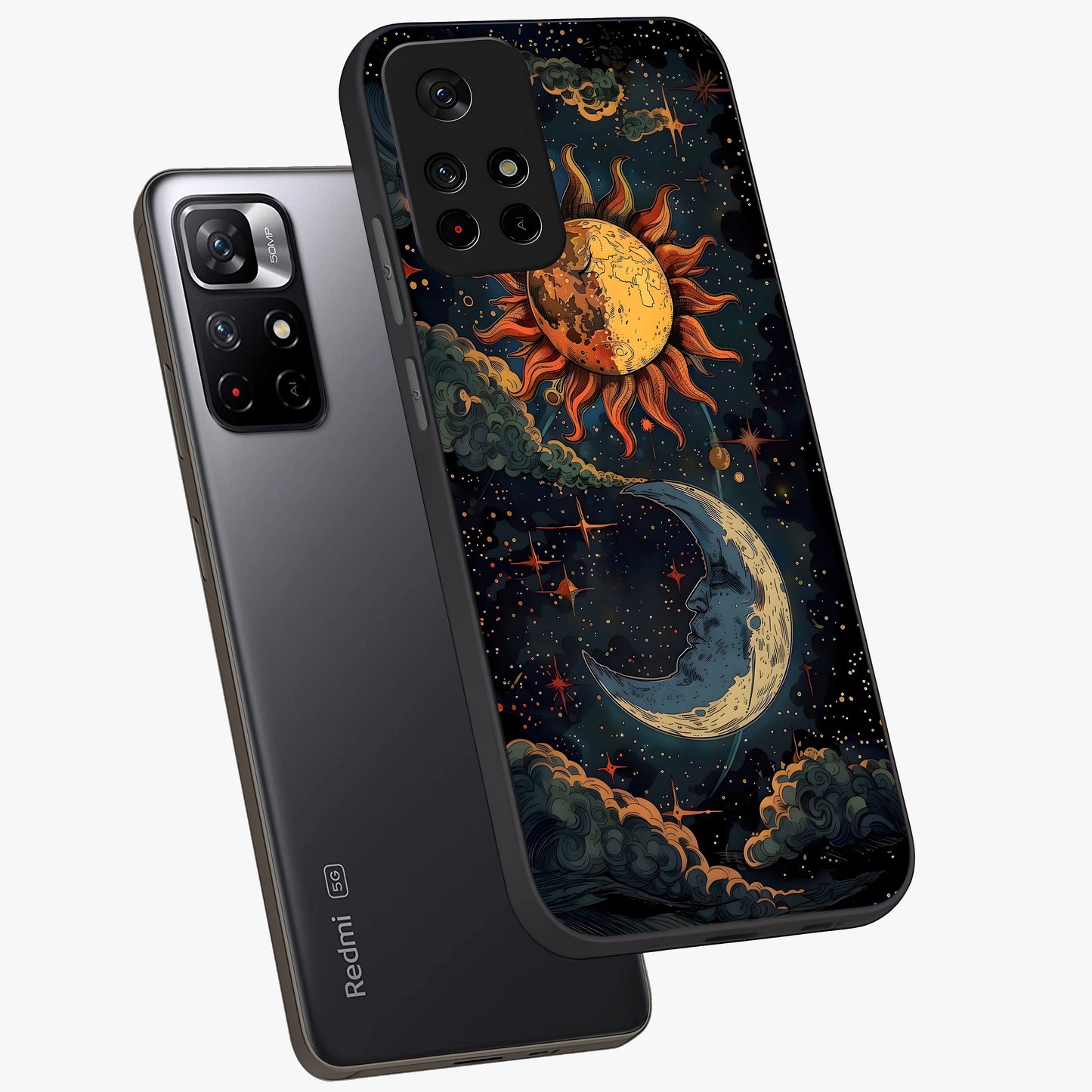 Sun And Moon Magic Design Glass Case showing flat back view with mystical sun and moon artwork and glossy glass finish.