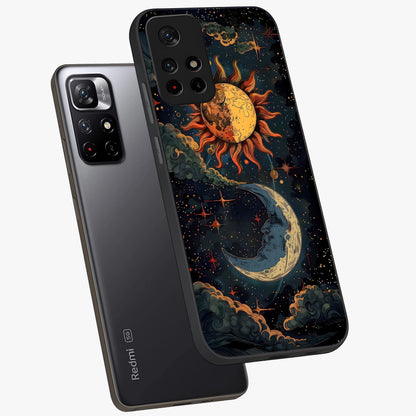 Sun And Moon Magic Design Glass Case showing flat back view with mystical sun and moon artwork and glossy glass finish.
