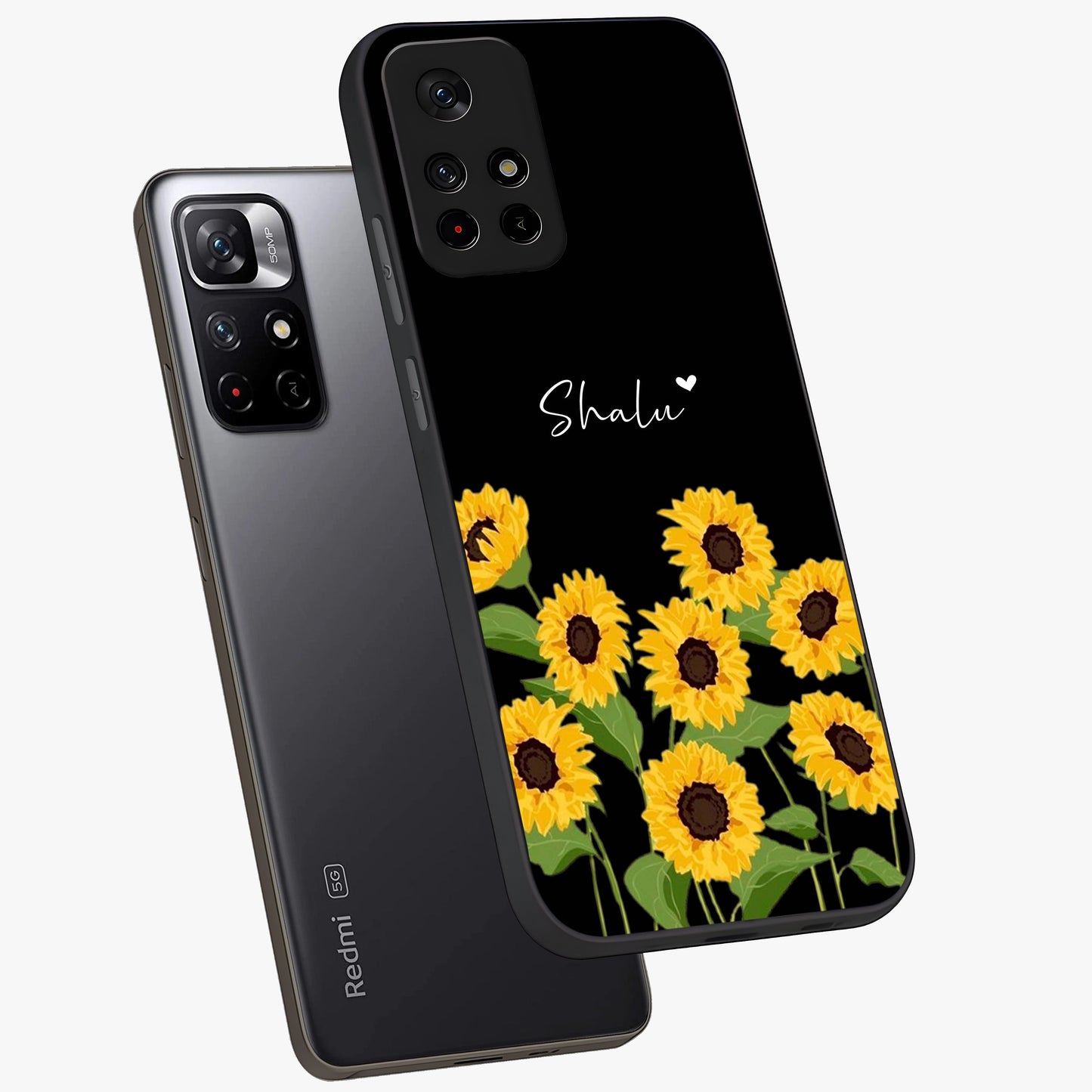 Sunflower Chic Mood Custom Name Glass Case displayed in angled mockup highlighting vibrant sunflower design with custom name feature.