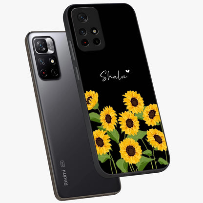 Sunflower Chic Mood Custom Name Glass Case displayed in angled mockup highlighting vibrant sunflower design with custom name feature.