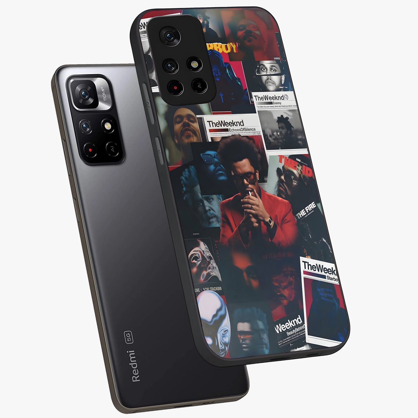 The Weeknd Glass Case showing flat back view with music inspired artistic portrait artwork and glossy glass finish.
