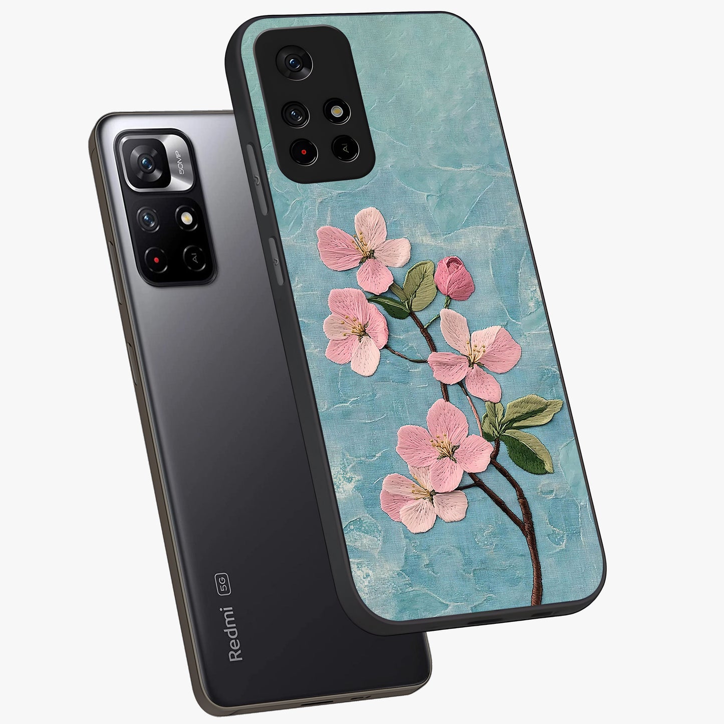 Threaded Blossom Breeze Glass Case showing flat back view with delicate blossom artwork and glossy glass finish.