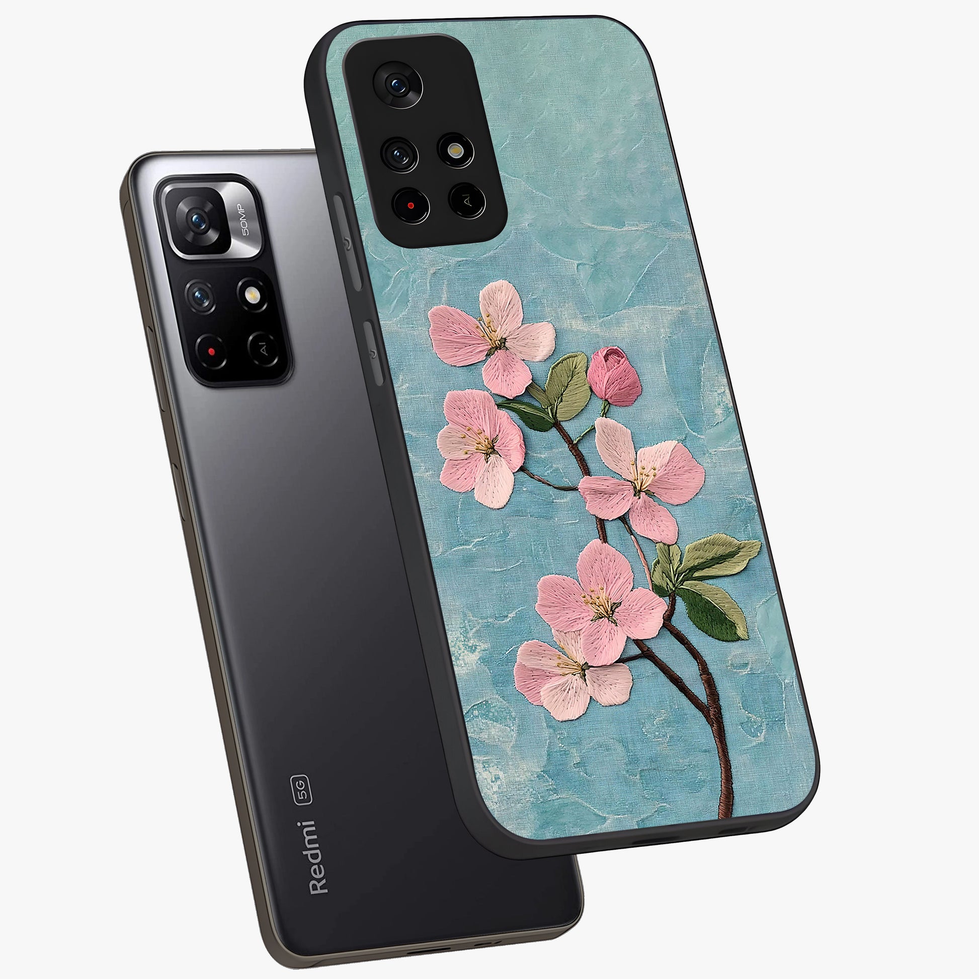 Threaded Blossom Breeze Glass Case showing flat back view with delicate blossom artwork and glossy glass finish.
