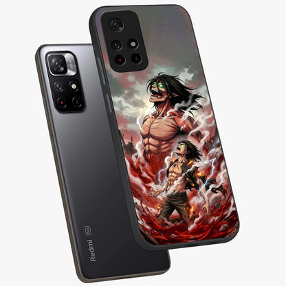 Titan Awakening Fury Glass Case showing flat back view with powerful titan inspired artwork and glossy glass finish.