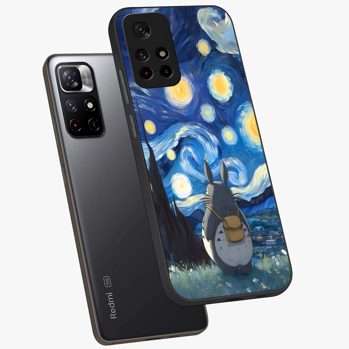 Totoro In Van Gogh Art Glass Case showing flat back view with whimsical character artwork inspired by Van Gogh style and glossy glass finish.