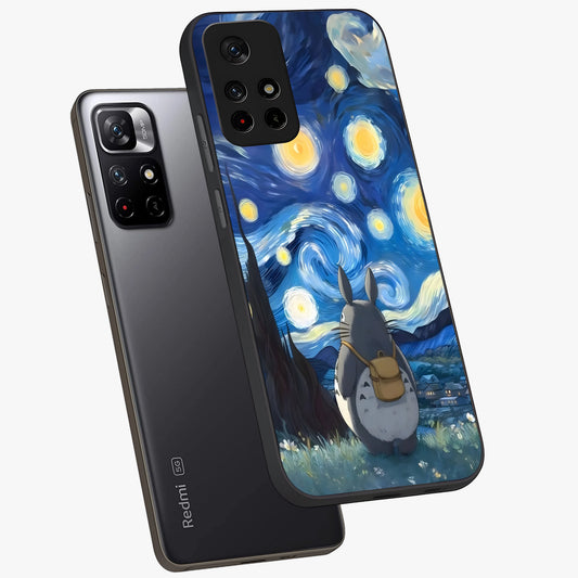 Totoro In Van Gogh Art Glass Case showing flat back view with whimsical character artwork inspired by Van Gogh style and glossy glass finish.