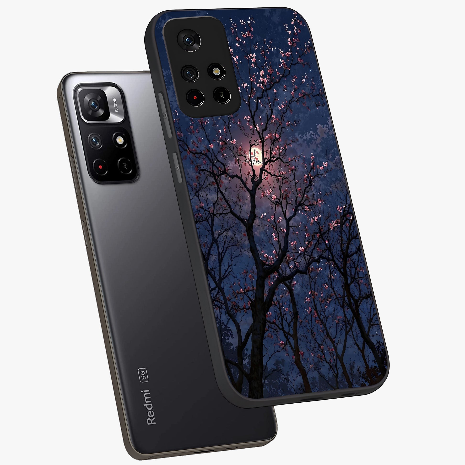 Twilight Sakura Serenade Glass Case showing flat back view with cherry blossom artwork at twilight and glossy glass finish.