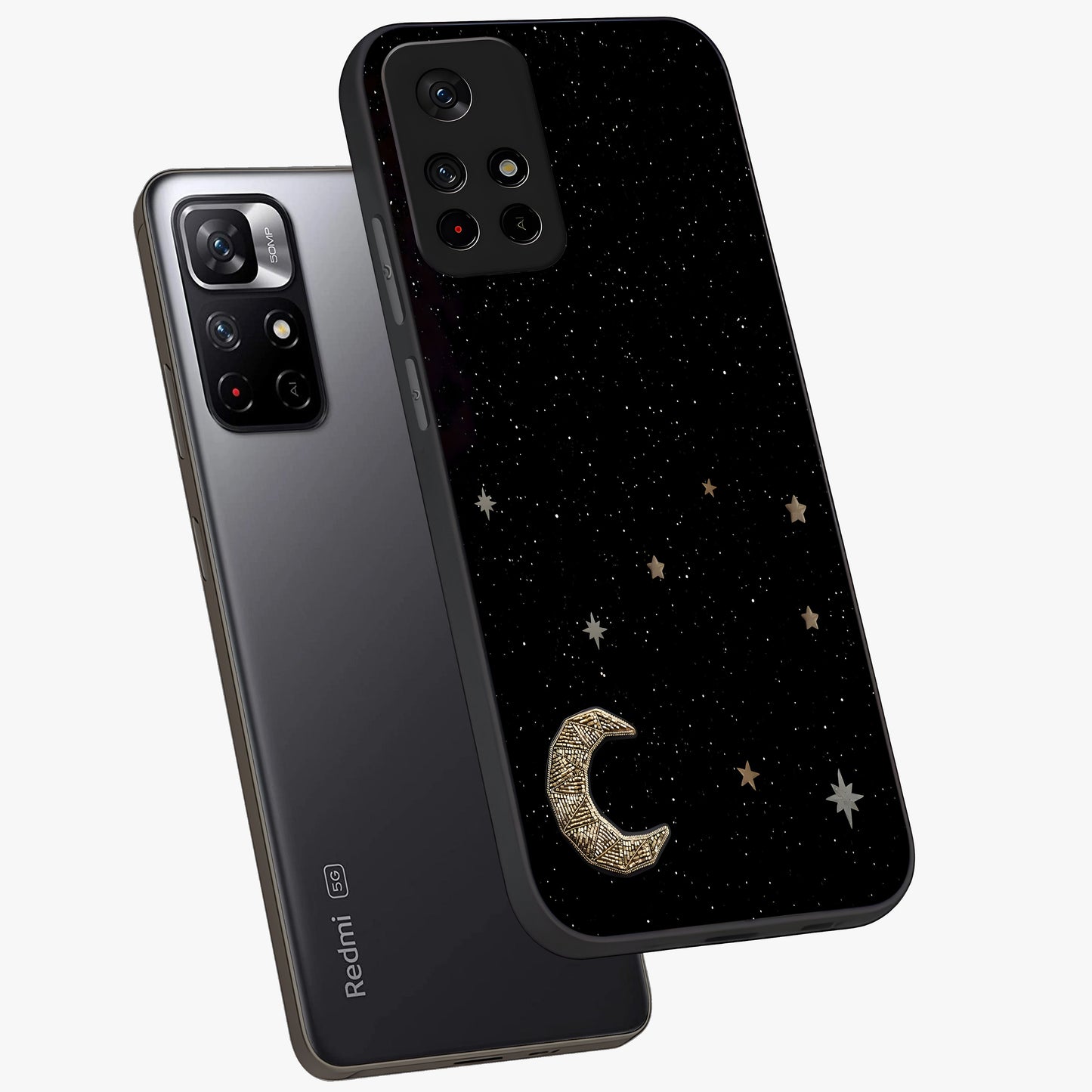 Twinkle Star With Half Moon Glass Case showing flat back view with star and half moon artwork and glossy glass finish.
