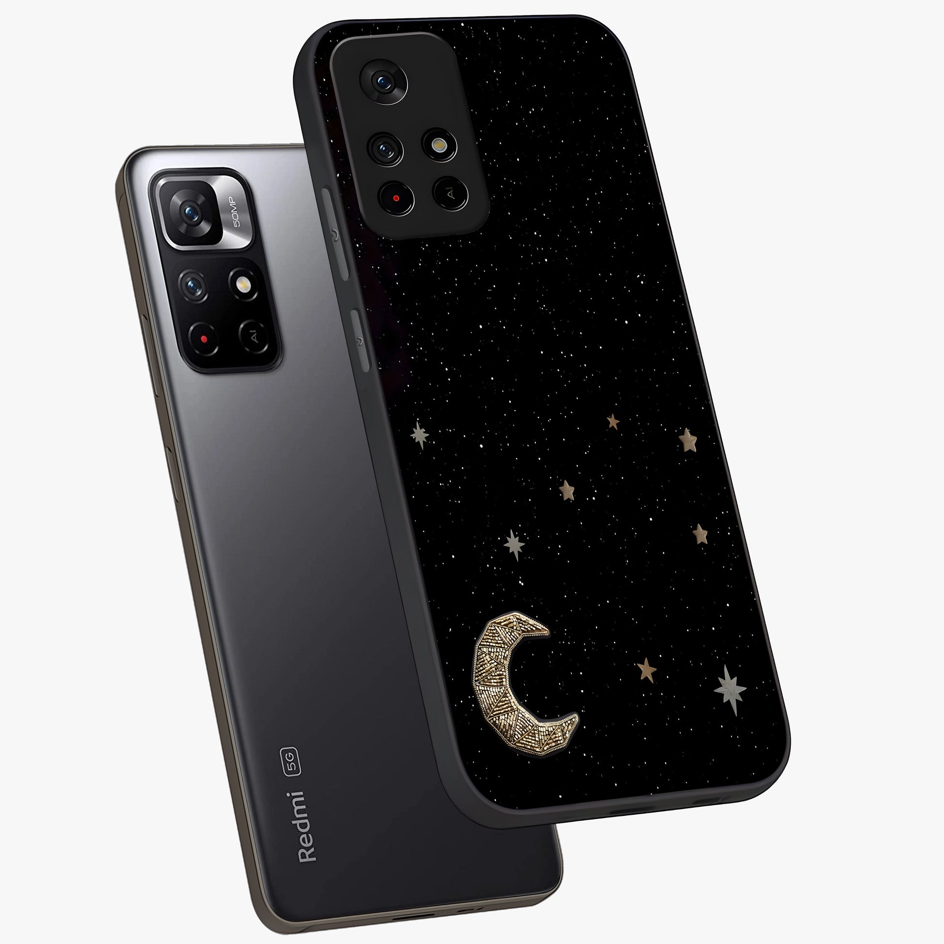 Twinkle Star With Half Moon Glass Case showing flat back view with star and half moon artwork and glossy glass finish.