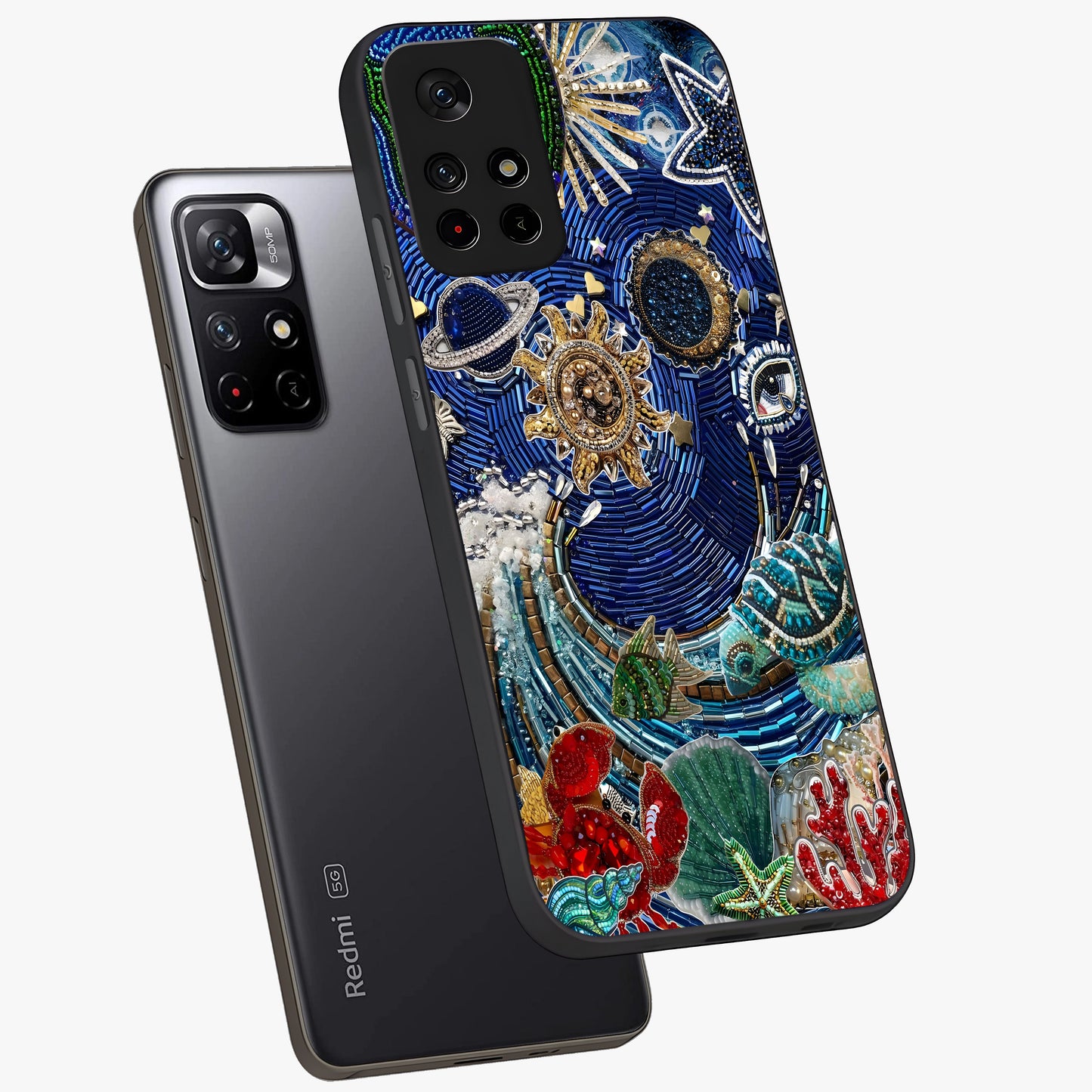 Universe Underwater Spark Glass Case showing flat back view with cosmic underwater themed artwork and glossy glass finish.