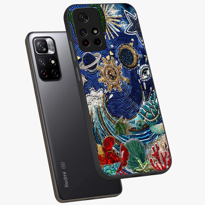 Universe Underwater Spark Glass Case showing flat back view with cosmic underwater themed artwork and glossy glass finish.