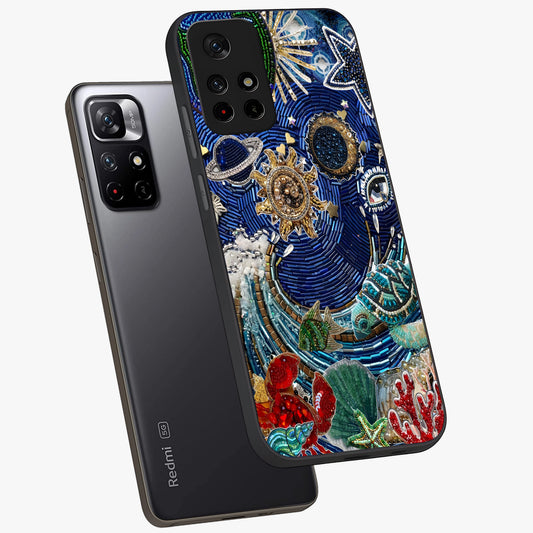Universe Underwater Spark Glass Case showing flat back view with cosmic underwater themed artwork and glossy glass finish.