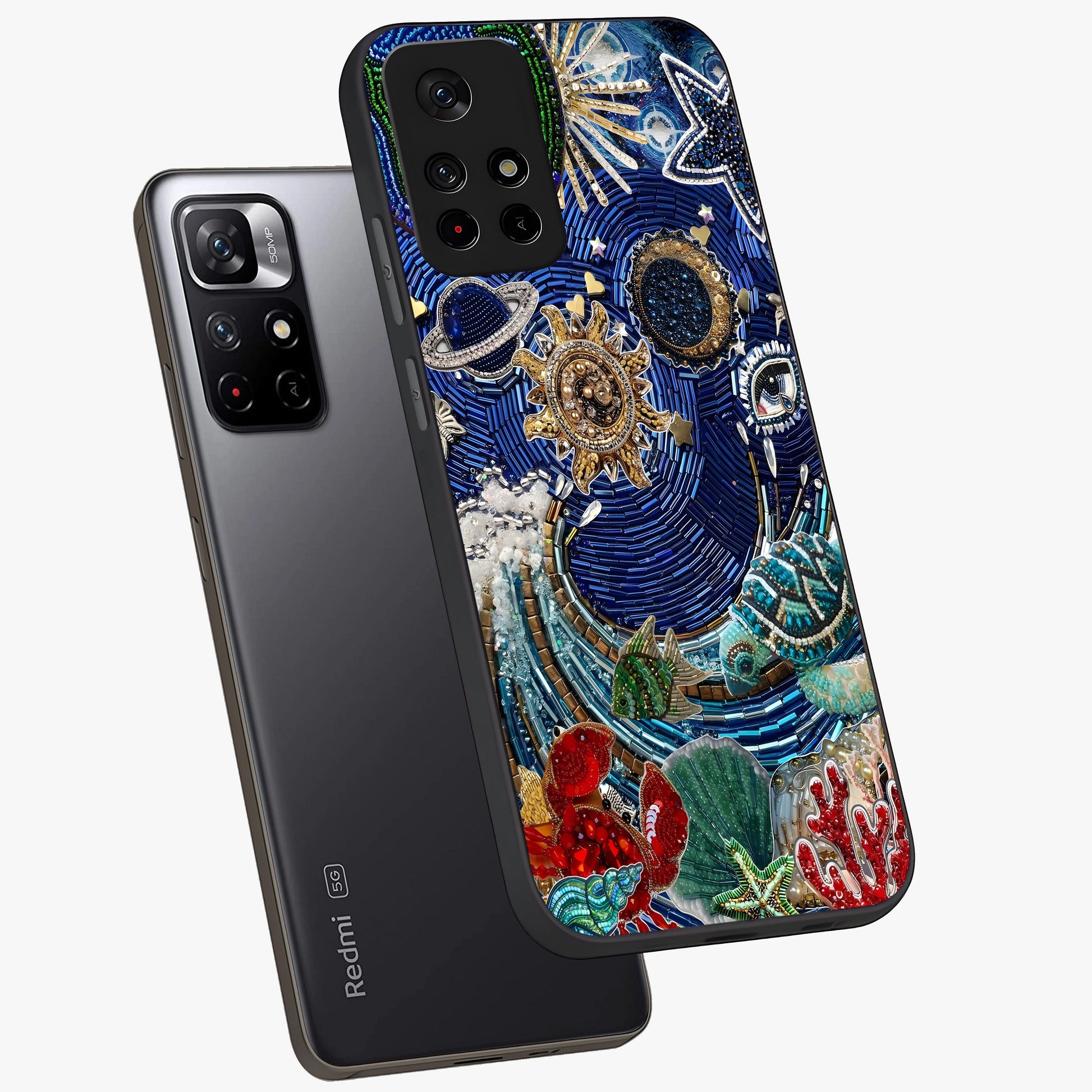Universe Underwater Spark Glass Case displayed in angled mockup highlighting glowing aquatic design with celestial aesthetic.