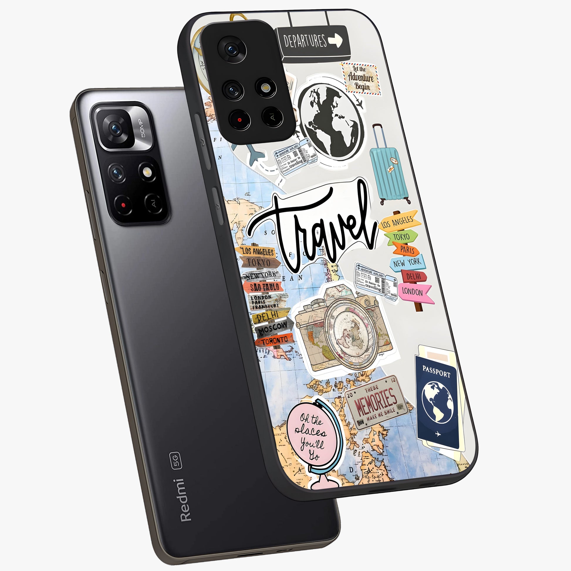 Wanderlust Journal Glass Case displayed in angled mockup highlighting adventure themed design with aesthetic travel vibe.