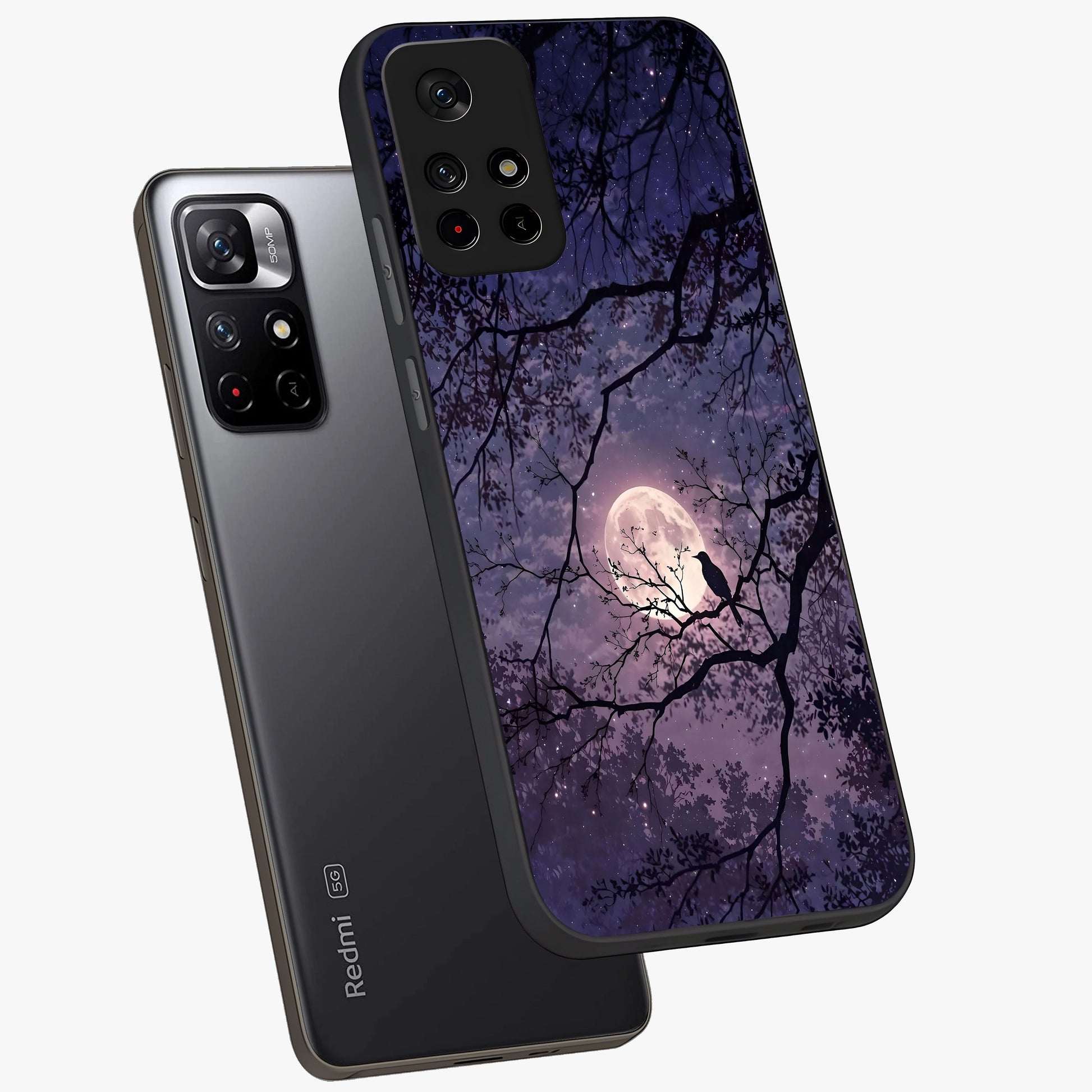 Whispering Moon Silence Glass Case displayed in angled mockup highlighting calm lunar design with dreamy night aesthetic.
